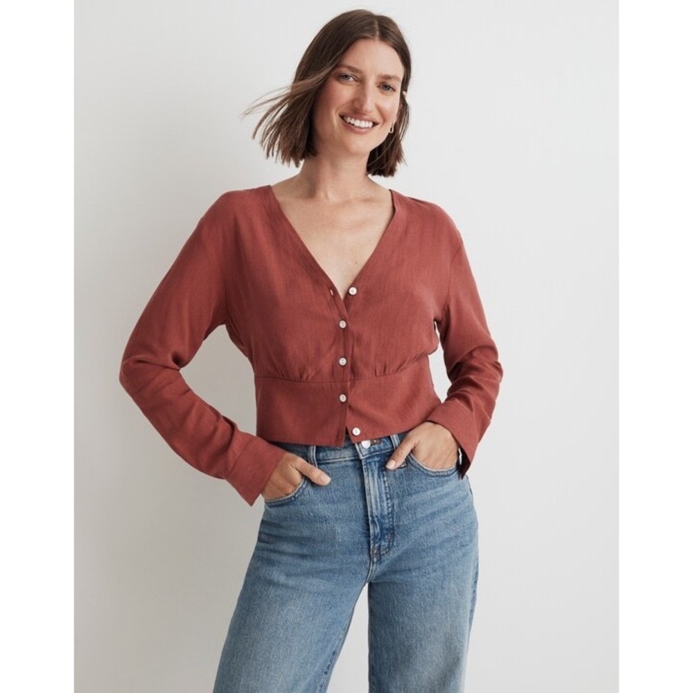 Madewell XXS Antique Rose V-Neck Button Front Cropped Blouse Long Sleeve Lyocell